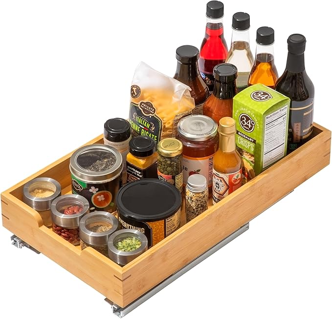 HOLDN’ STORAGE Bamboo Wooden Pull out Cabinet Organizer 11" W x 20" D - Requires At Least a 12.25" W x 21" D. Cabinet Opening. W/Lifetime Limited Warranty. Bamboo Tray and Heavy gauge metal rails.