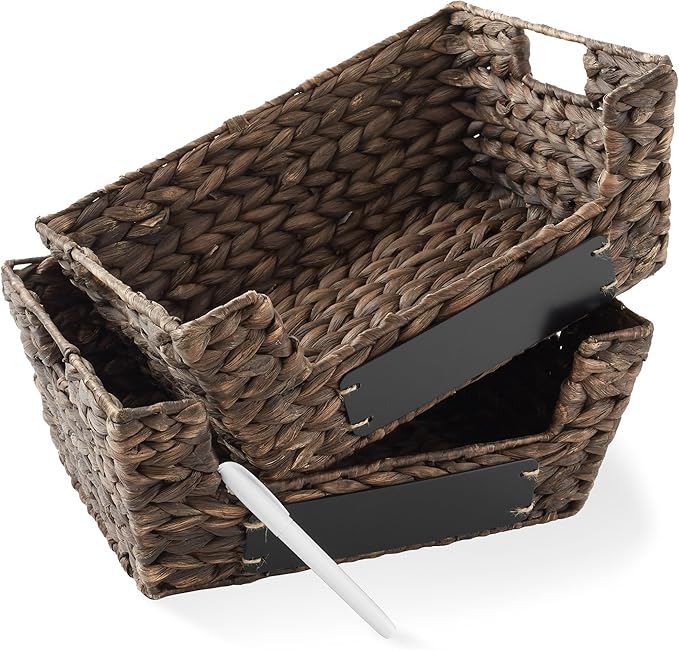Casafield Set of 2 Water Hyacinth Pantry Baskets with Handles, Chalkboard Labels, and Marker - Espresso, Wide Woven Storage Bin Organizers for Kitchen Shelves