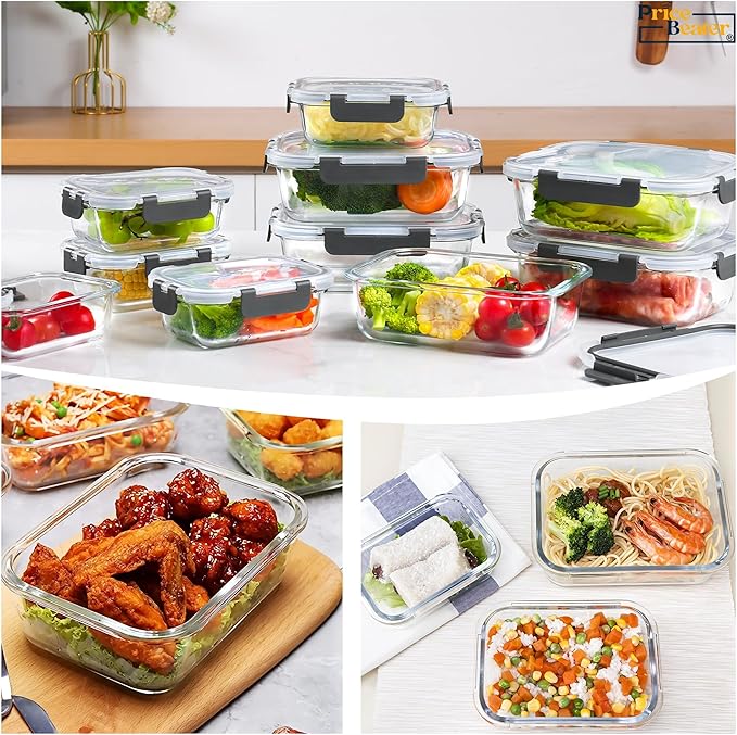 Glass Food Storage Containers with Lids – 10 Pack (2 Sizes: 1050ml & 370ml) | Airtight, Reusable Lunch Boxes, Leakproof, BPA-Free Meal Prep Containers for Kitchen,Dishwasher & Microwave