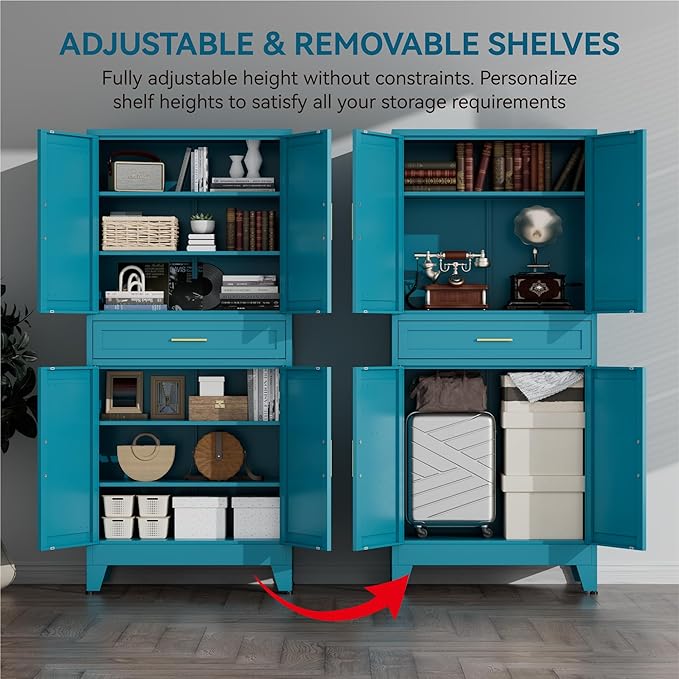 YNIQUESTLE 71" Tall Farmhouse Pantry Cabinet,Metal Cabinet with Adjustable Shelves and Doors,Storage Cabinet for Kitchen Garage,Blue