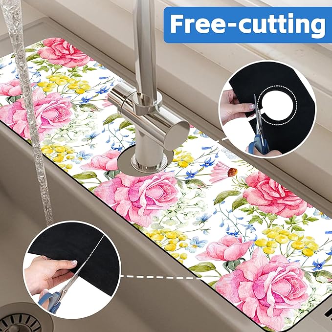 Watercolor Light Pink Floral Dish Drying Mat for Kitchen Sink Splash Guard Behind Faucet Sink Mat Absorbent Fast Drying Faucet Draining Mat for Bathroom Kitchen 5.5"×24"