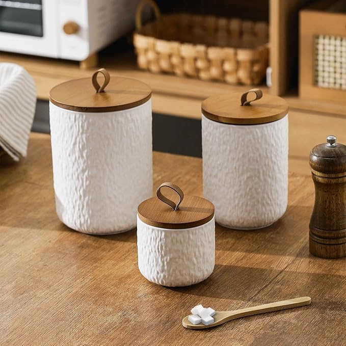 Canisters Set for Kitchen Food Storag of 3 Piece, Airtight Kitchen Canisters for Countertop, Modern Ceramic Jar with Top Handle & Wooden Lid for Coffee Tea Sugar Flour Cookie (White)
