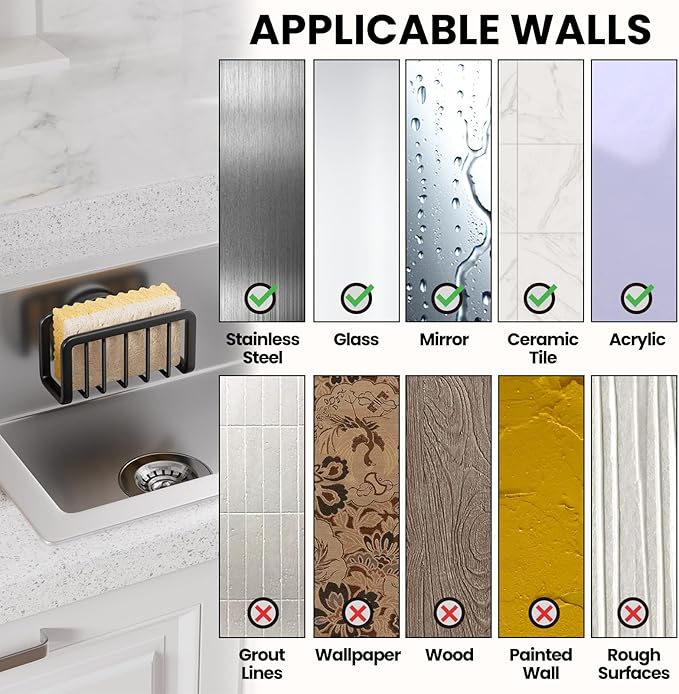 TAILI Sponge Holder for Kitchen Sink with Strong Suction Cup, Removable Sponge Holder, Rustproof Aluminum Sink Caddy for Sponges, Dish Brush - Black