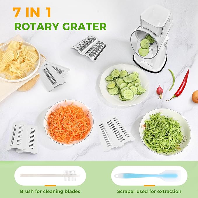 YSEPOZ 7 IN 1 Upgraded Rotary Cheese Grater with Handle – Vegetable Shredder with Built-in Storage Blade Slot, 5 Versatile Blades, Strong Suction Base Round Mandoline Slicer, Food Chopper for Kitchen