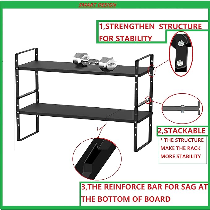 Jojocross Expandable Stackable Spice Rack Cabinet Shelf Organizer in Cabinets Shelves Kitchen Cupboard Organization Stack up Racks Pantry Countertop Storage Medium/Black 1 Pack