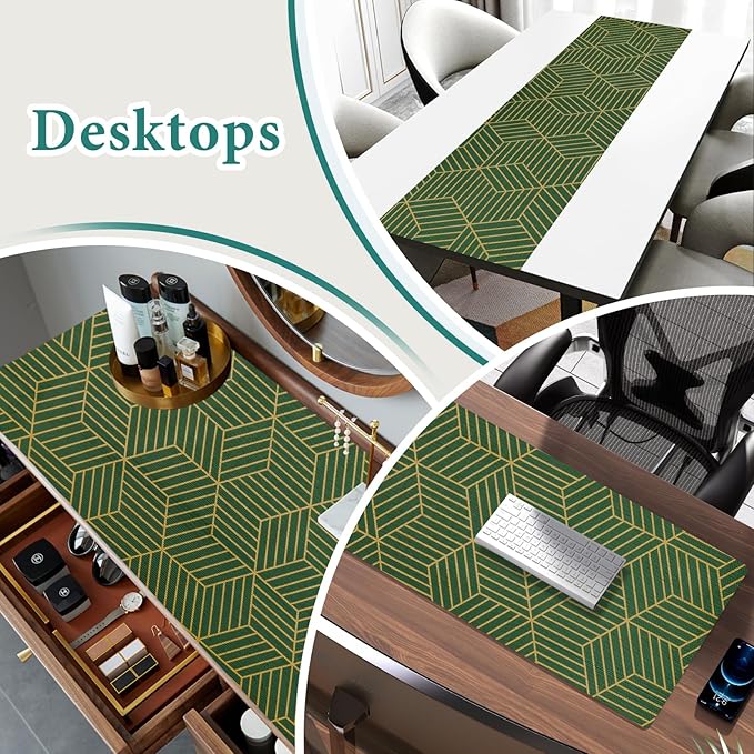 Shelf Liners for Kitchen Cabinets 12in x 20FT, Non Adhesive Cabinet Liner Strong Non-Slip Thickened Gold Green Geometric Drawer Liner, Easy to Clean for Shelf, Cabinet with Knife and Tape Measure