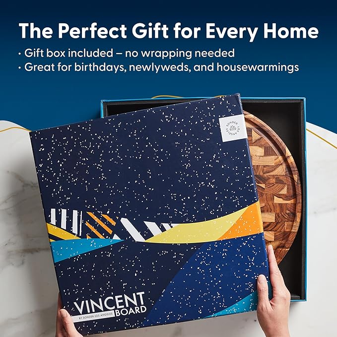 Sonder Los Angeles Vincent Round Cutting Board | Teak Edge Grain Cutting Board for Kitchen with Juice Groove | Perfect for Pizza & Charcuterie | Gift Box Included | 15x15x1.5 in