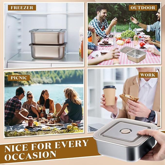 4 Pack 43oz Large Stainless Steel Sandwich Containers with Lids, Leak-proof Reusable Lunch Boxes, Meal Prep Bento Box, Food Storage Containers for Snacks & Fruits, Dishwasher Safe, 1300 ml