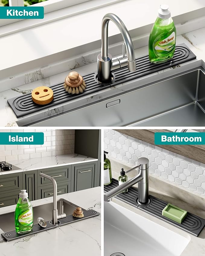 Stone Faucet Mat for Kitchen Sink, Diatomite Sink Protectors - Prevent Moisture Drying Stone Tray Fit Kitchen Counter & Bathroom Counter (Dark Gray, 15.8" x 4")