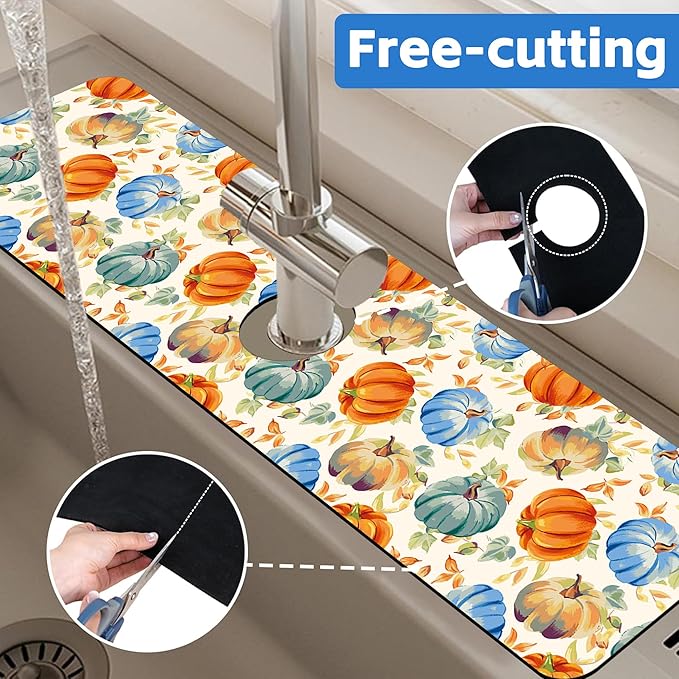 Thanksgiving Colorful Pumpkin Dish Drying Mat for Kitchen Sink Splash Guard Behind Faucet Sink Mat Absorbent Fast Drying Faucet Draining Mat for Bathroom Kitchen 5.5"×24"