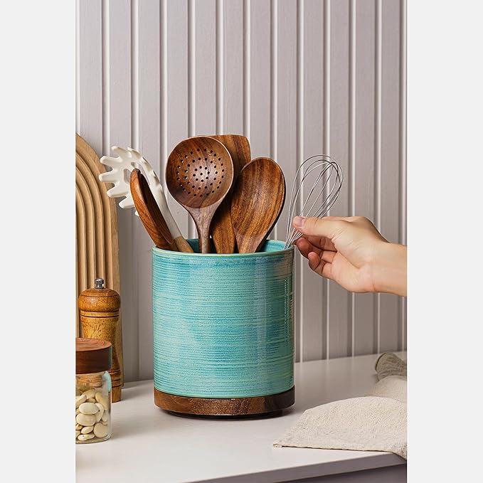 MIKIGEY Utensil Holder, 360° Rotating Extra Large Ceramic Kitchen Utensil Holder for Countertop, Cooking Utensil Crocks for Counter with Rotatable Wooden Base, Farmhouse Kitchen Decor, Green