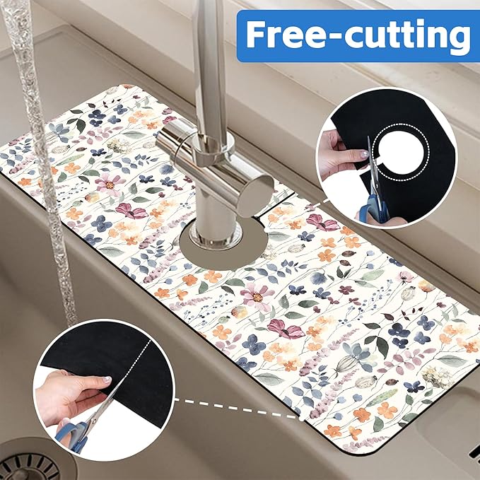 Vintage Watercolor Floral Kitchen Sink Splash Guard Mat Absorbent Fast Drying Mat Faucet Draining Mat Sink Splash Guard Behind Faucet Drip Catcher for Kitchen Bathroom 5.5"×15"
