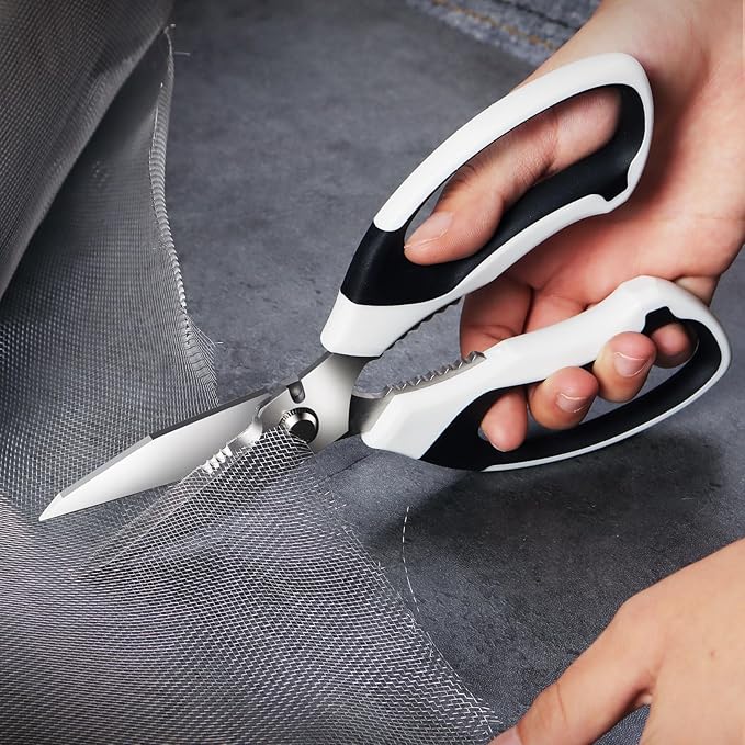 BoFuYuan 8-Inch Utility Scissors All Purpose Heavy Duty, Serrated Blade, White Comfort Grip for Cutting Carpet, Cardboard, Leather, Fabric, Multipurpose Sharp Shears for Kitchen, Garden, Office, Carft