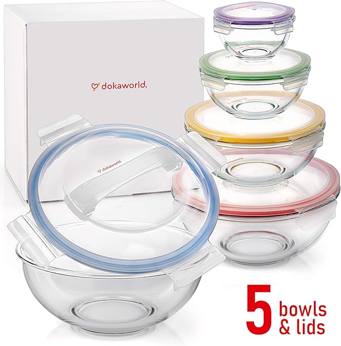 dokaworld Set of 5 Stackable Space-Saving Nesting Glass Bowls with BPA Free Lids for Foodprep, Storage, Baking, Mixing & Cooking, Microwave Safe - Durable Inert Borosilicate Glass