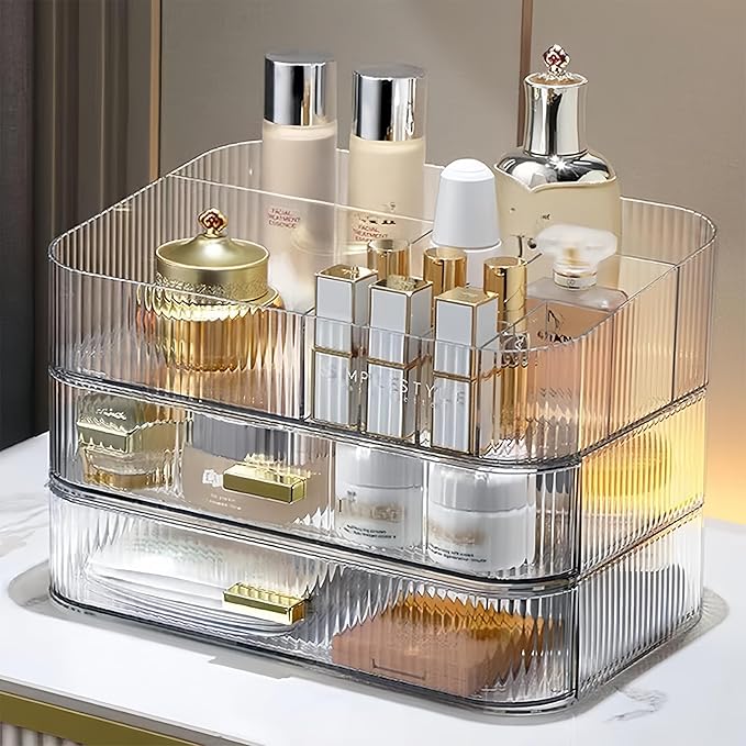 Decorcode Clear Makeup Organizer for Vanity, Large Desk Organizer with Stackable Drawer for Cosmetics, Skincare, Lipsticks, Palette, Nail Care, Ideal Storage for Dresser and Bathroom Countertop