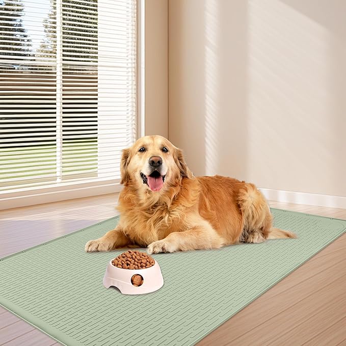 Dog Food Mat, Extra Large 57" x 40" Silicone Pet Feeding Mat with Raised Edge Pet Placemat for Small, Medium, and Large Pets Non-Slip, Easy to Clean (Green)