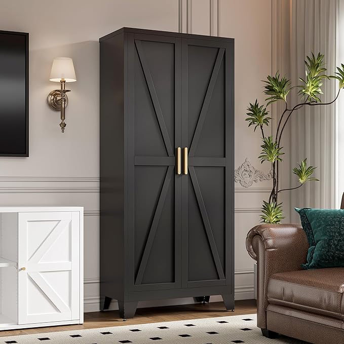 LCAOPC 71" Tall Metal Storage Cabinet with 2 Doors and 4 Adjustable Shelves, 5-Tier Kitchen Pantry Storage Cabinet for Kitchen, Living Room, Dining Room and Office, Black