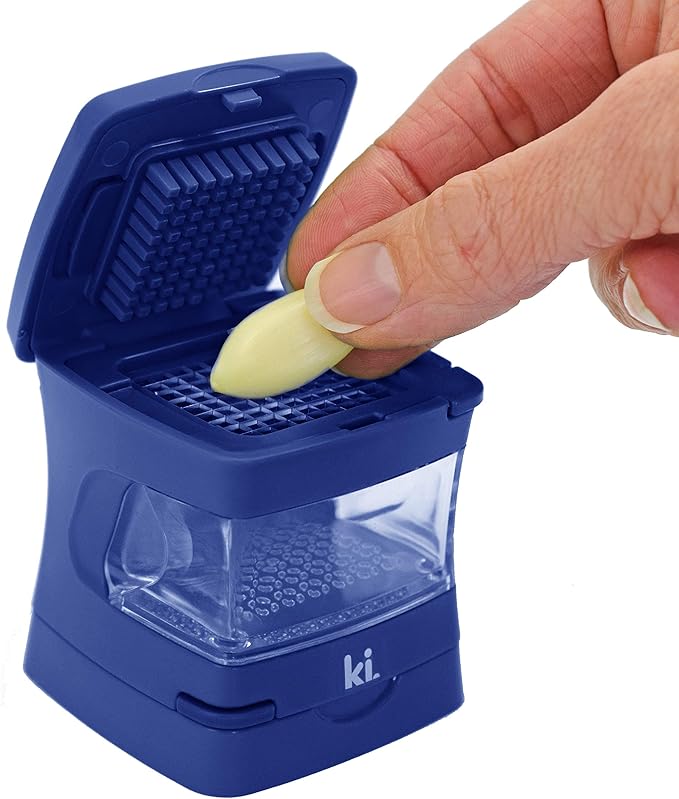 Kitchen Innovations Garlic-A-Peel Garlic Press, Crusher, Cutter, Mincer, and Storage Container - Includes Silicone Garlic Peeler - Easy to Clean - Stainless Steel Blades – (Blue), standard