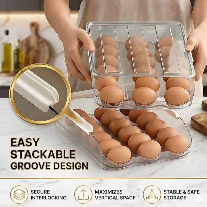 Egg Holder for Fridge, Automatic Rolling Egg Organizer for Refrigerator, Clear Plastic Storage for Refrigerator with Lid, Large Capacity Dispenser, Stackable Container (2 Layers Holder 36 Eggs)