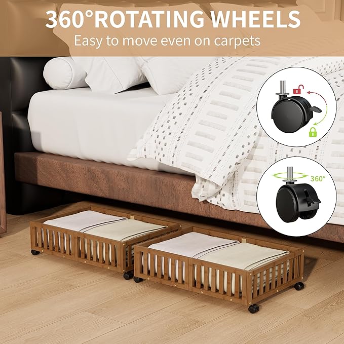 Bamboo Under Bed Storage with Wheels,Rolling Underbed Shoe Organizer Box for Shoes,Blankets,Toys,Clothes Container Space-Saving Bins for Bedroom,Closet,Dorm,Nursery