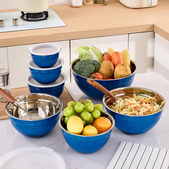 Moxinox Blue Mixing Bowls with Airtight Lids, Stainless Steel Nesting Mixing Bowls Set of 7, Ideal for Baking, Prepping and Serving Food, Size 7, 3.6, 2.7, 2.1, 1.5, 1.1,0.8 QT, Stackable Design