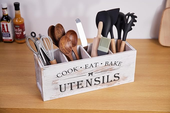 WDT Tool Utensil holder for Kitchen Counter Large Round Utensils Holder with Wooden Base Matte Black Cooking Utensil Holder,Kitchen countertop Utensil Organize (White-4 Compartments)
