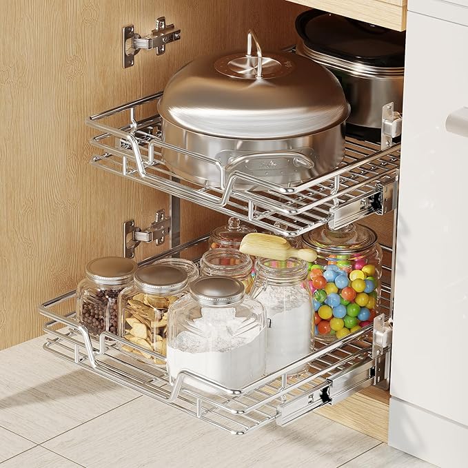 QUYUWU 2-Tier Kitchen Cabinet Pull Out Shelf and Drawer Organizer Slide Out Pantry Storaqe Basket in Multiple Sizes (21" W x 21" D,)