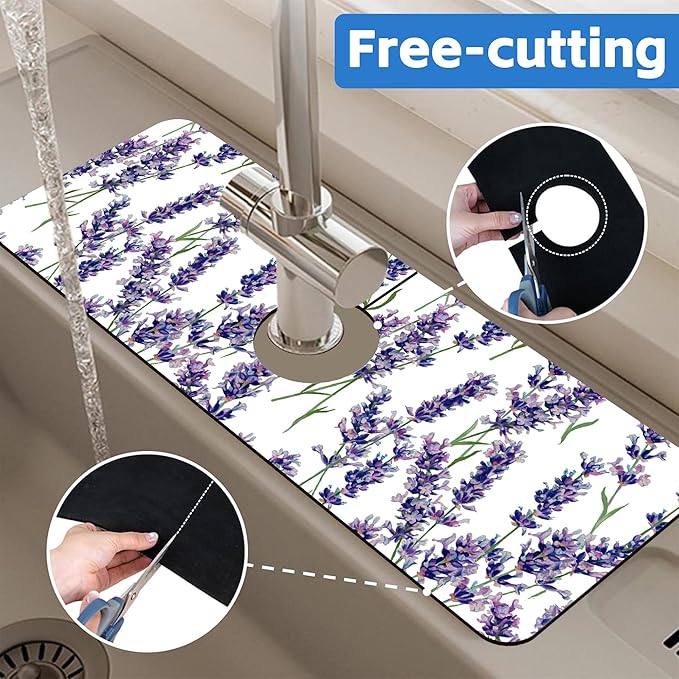 Watercolor Lavender Bunches Kitchen Sink Splash Guard Mat Absorbent Fast Drying Mat Faucet Draining Mat Sink Splash Guard Behind Faucet Drip Catcher for Kitchen Bathroom 5.5"×15"
