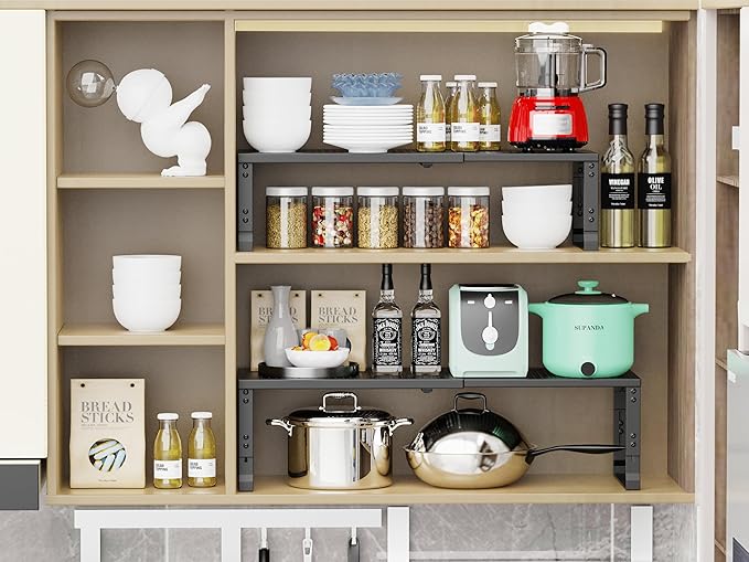 Jojocross Adjustable Expanable Stackable Spice Rack Shelf Pantry Storage Organizer for Kitchen Cabinet,Countertop,Bathroom and More.Space is no Longer Limited(3Packs/Black/Large)