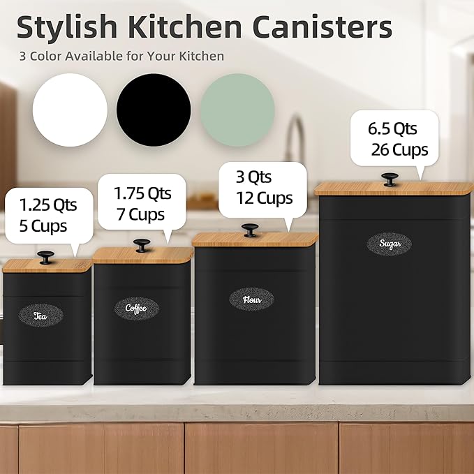Canisters Sets for the Kitchen Set of 4, Metal Sugar Flour Coffee Storage Containers for Countertop with Airtight Lids, Customizable Chalkboard Labels & Marker Pen, Storage Jars Canisters - Black