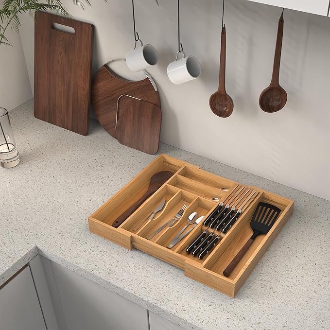 Thalomely Bamboo Kitchen Drawer Organizer, Expandable Silverware Organizer with Removable Knife Block, 6-8 Slots- Utensil Holder & Cutlery Tray Drawer Dividers, 2.36" Deep for Extra Capacity, Natural