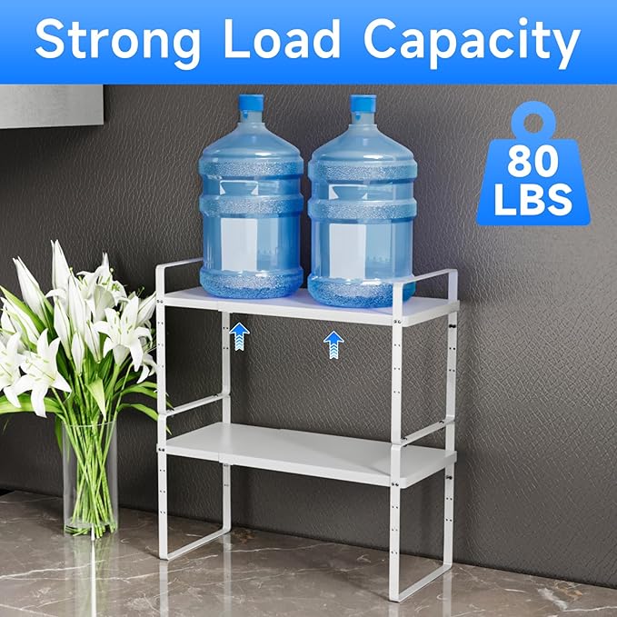 KIKIBRO Expandable Cabinet Shelf Organizer, Stackable Kitchen Pantry Counter Storage, Adjustable Closet Cupboard Stand Rack Risers Spice Organization, 80LBS Heavy Duty, White 3 Pack