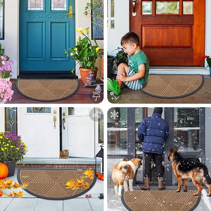Smiry Half Circle Front Door Mat Outside Entrance, Heavy Duty Sturdy Natural Rubber Doormat, Trap Dirt and Moisture, Low Profile Mats for Indoor Outdoor Entry, Irregular Triangle (47x32, Coffee)