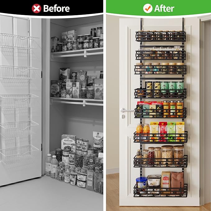 8-Tier Over The Door Pantry Organizer, Metal Pantry Organizers and Storage with Adjustable Basket, Spice Rack Seasoning Shelves for Home & Kitchen, Laundry Room Bathroom, Black