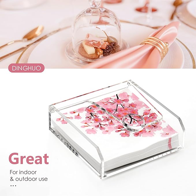 DINGHUO Acrylic Napkin Holder for Table, 7"x7" Clear Luncheon Napkin Holder with Weighted Arm, Flat Kitchen Paper Hand Napkin Dispenser, Suitable for Outdoor & Indoor
