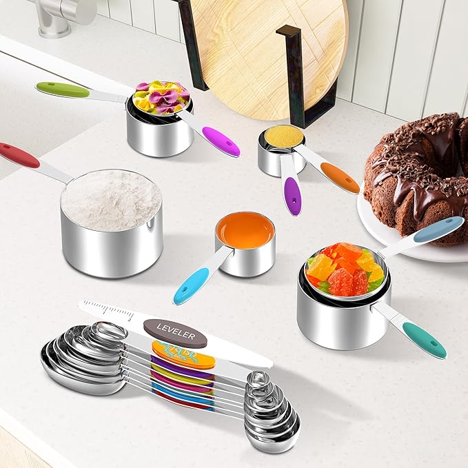 Minteem Measuring Cups and Magnetic Measuring Spoons Set, 8 Stainless Steel Measuring Cups with Easy to Read Markings, 7 Double Sided Stackable Measuring Spoons & 1 Leveler, 5 Mini Spoons, Multicolor