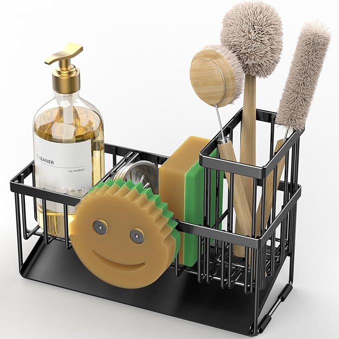 Cisily Kitchen Sink Caddy Organzier with High Brush Holder, Sponge Holder for Sink, 304 Rustproof Stainless, Kitchen Countertop Soap Dispenser Organizer (Black With Smiley Face Holder, 9.25″)