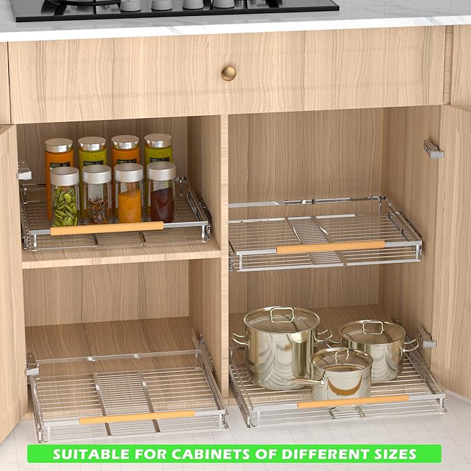 SOFRON Expandable Pull Out Drawer Cabinet Organizers, Heavy Duty Slide Out Storage Shelf for Home Kitchen Pantry Cupboard Pots Pans, Adjustable Width from 16.2" to 26.2", Stainless 2 Packs