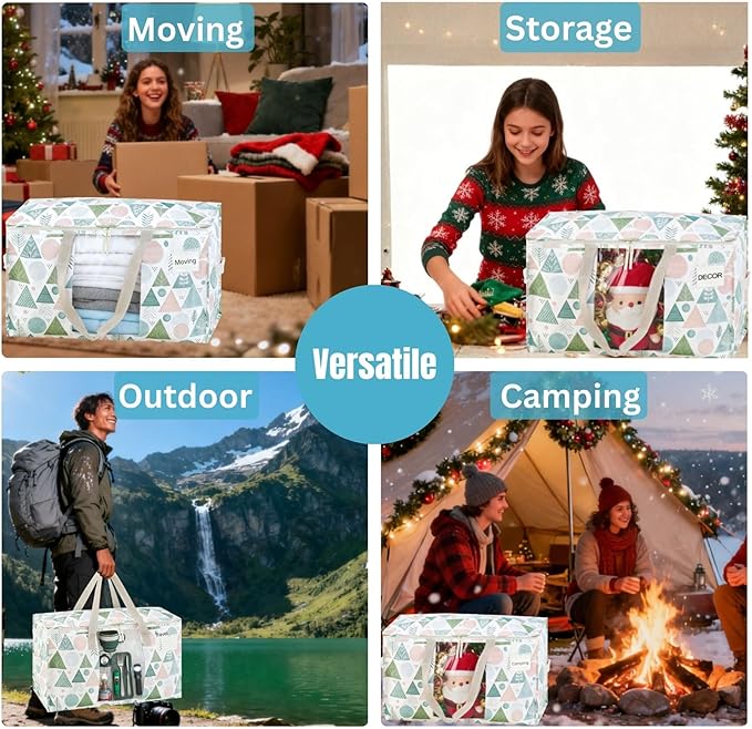 VENO 4 Pack Moving Bags, Large Christmas Storage Bins with lids, Packing Supplies for College, Alternative to Moving Boxes, Foldable, Heavy-Duty Tote, Christmas Pattern (Pastel Forest, 4 Pack)