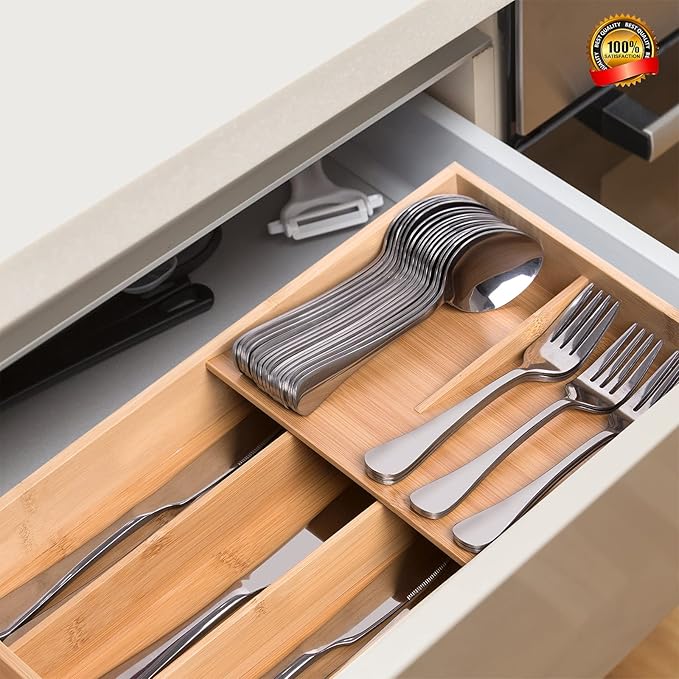 guiogc Bamboo Silverware Organizer, Kitchen Silverware Drawer Organizer, Utensil Tray Holder, Cutlery Tray for Spoons, Forks, Knives