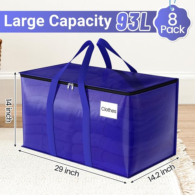 8 Pack Moving Storage Bags Heavy-Duty with Zippers and Reinforced Handles, Moving Supplies Packing Boxes for Moving, Storing, Saving Space, Blue Plastic Storage Totes 93 L(24 Gallon)