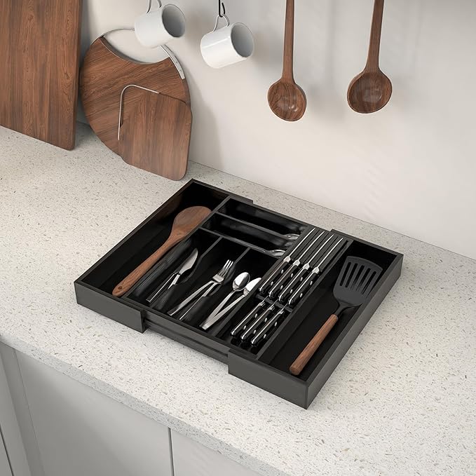 Thalomely Bamboo Kitchen Drawer Organizer, Expandable Silverware Organizer with Removable Knife Block, 6-8 Slots- Utensil Holder & Cutlery Tray Drawer Dividers, 2.36" Deep for Extra Capacity, Black