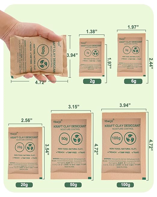 6 Gram (20 Pack) Kraft Clay Desiccants Packs, Premium Food Grade Desiccant - Moisture Absorbers for Food Storage, Electronics, 3D Filament & Safes