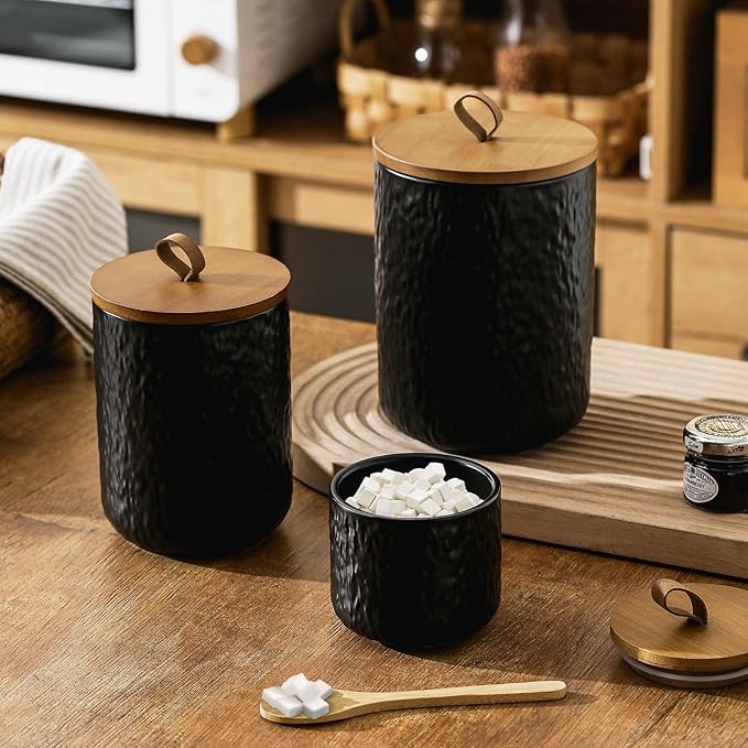 Canisters Set for Kitchen Food Storag of 3 Piece, Airtight Kitchen Canisters for Countertop, Modern Ceramic Jar with Top Handle & Wooden Lid for Coffee Tea Sugar Flour Cookie(Black)
