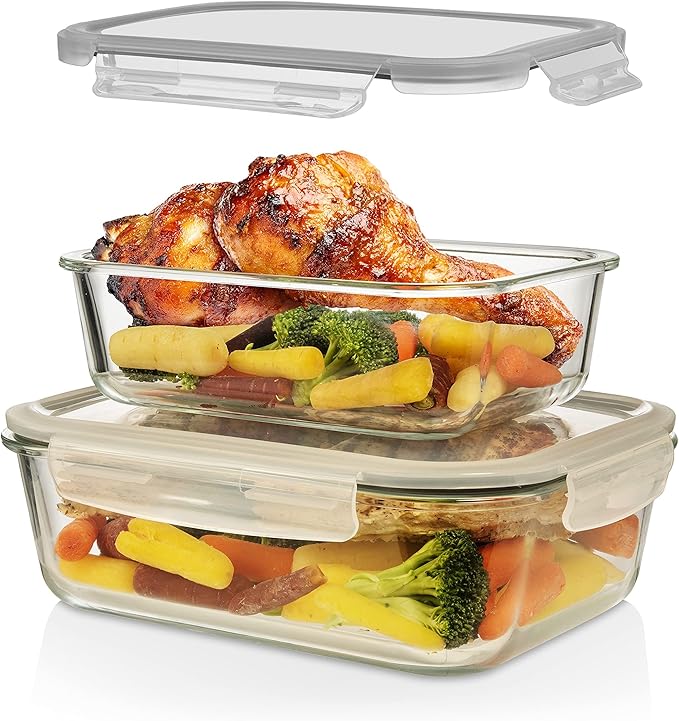 Razab 4 Pc (2700ML/ 91 Oz & 1520ML/ 51 Oz) Airtight Large Glass Food Storage Containers with Lids - BPA Free, Leak Proof Meal Prep Containers (2 Containers + 2 Lids) Microwave, Oven & Freezer Safe