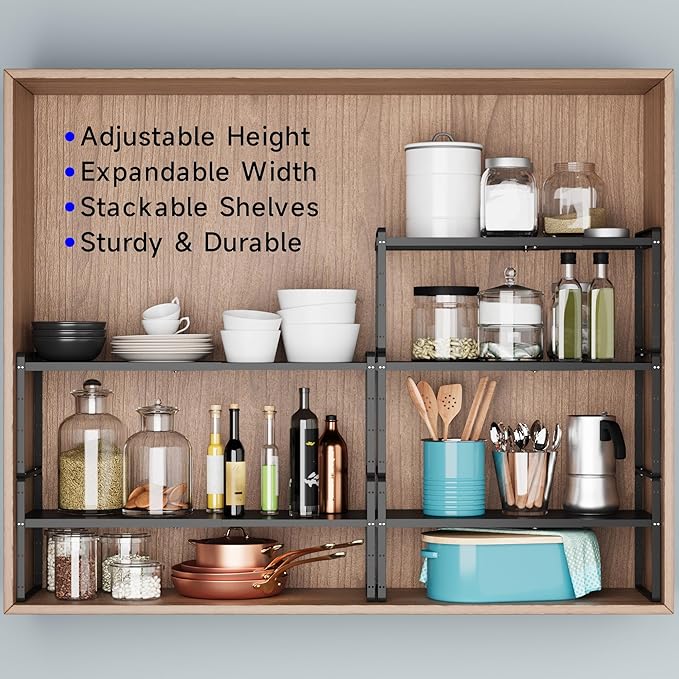 KIKIBRO Expandable Cabinet Shelf Organizer, Stackable Kitchen Pantry Counter Storage, Adjustable Cupboard Stand Rack Risers Spice Organization Heavy Duty Black Small 3 Pack
