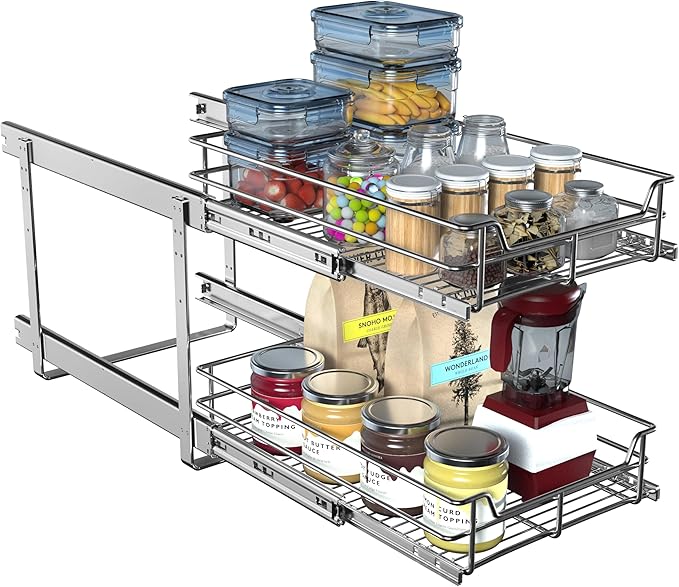 JOWBOOW 2-Tier Pull Out Cabinet Organizer (17" W x 22" D), Pull Out Shelves and Drawer for Kitchen Pantry Storage Basket, Heavy-Duty Metal Sliding Shelf, Chrome Finish