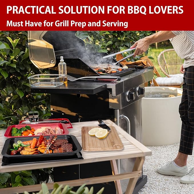 GAYIMEI Deep Grill Carry System with Lids, Cutting Board, Tong, Gift Ready BBQ Carry Tray for Prepping, Marinating and Serving, Diswasher Safe, Nesting Platters Black in Red