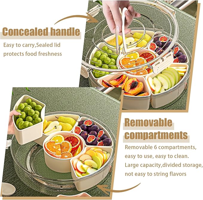 Snackle Box Container Divided Rotating Serving Tray with Lid and Handle, Portable for Fruits Snacks Veggie Charcuterie, Clear Snack Spinner Organizer and Fridge Storage Container for Trave and Picnic