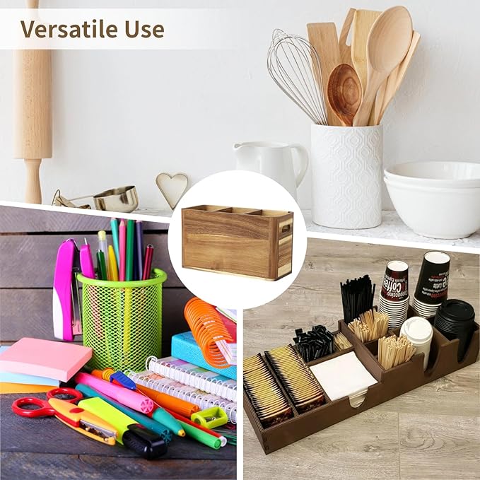 OMISTAR 3-Compartment Kitchen Wooden Utensil Holder Organizer, Large Wood Utensil Container with Dividers, 12 x 4.7 x 6.8 in, Wooden Storage for Cooking and Silverware